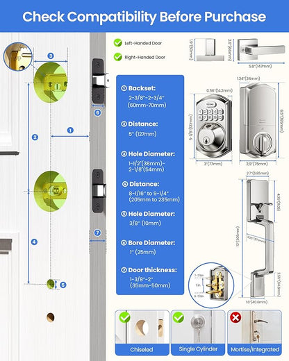 TEEHO TE012W-H WiFi Keypad Door Lock with Handle Set, Fingerprint Smart Locks, Front Door Keyless Entry, APP Remote & Voice Control, Digital Deadbolt with 2 Keys, Auto-Lock, Easy Install, Satin Nickel