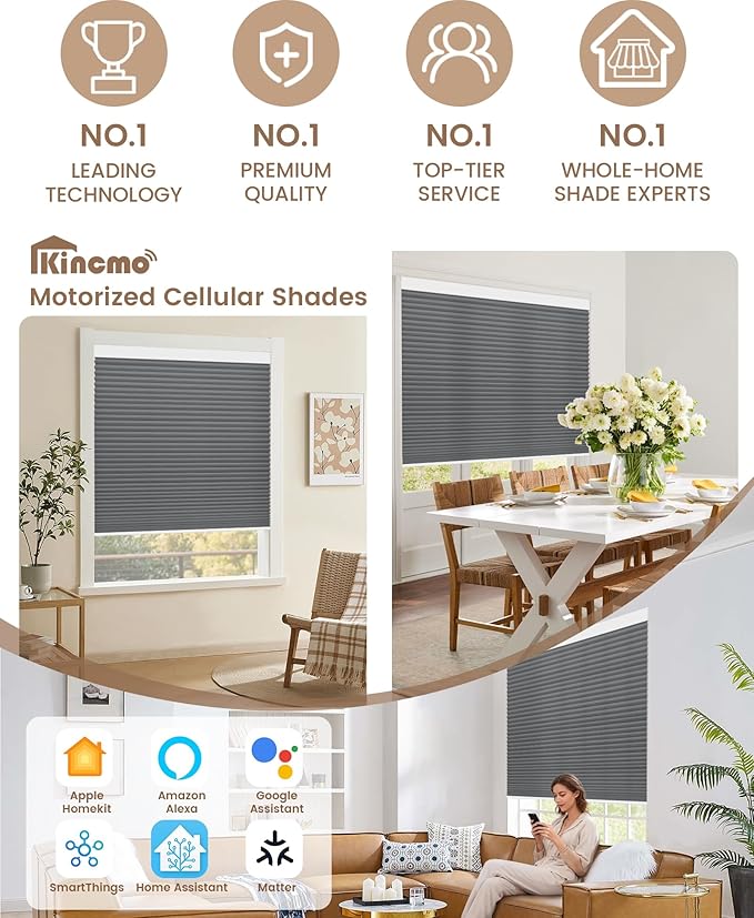 Kincmo Motorized Cellular Shades, Custom Motorized Blinds with Remote, Cordless Smart Electric Honeycomb Blinds Work with Apple HomeKit, Alexa, Google (75%-Blackout-Single-Cell Dark Grey)