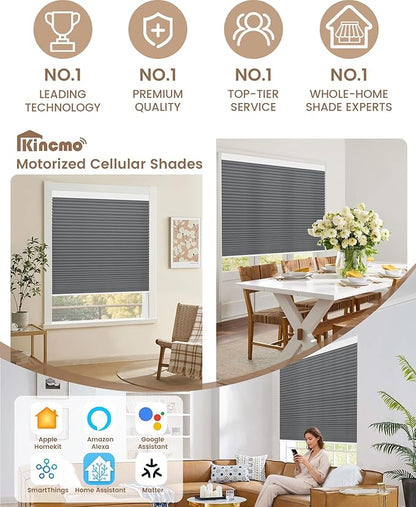 Kincmo Motorized Cellular Shades, Custom Motorized Blinds with Remote, Cordless Smart Electric Honeycomb Blinds Work with Apple HomeKit, Alexa, Google (75%-Blackout-Single-Cell Dark Grey)