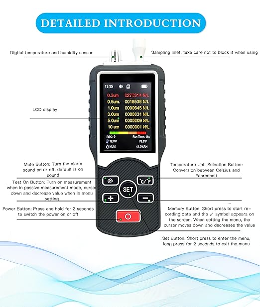 Air Quality Pollution Monitor, 0.3Μm to 10Μm Pm2.5 Dust Particle Counter Data Logger, Air Quality Tester for Indoor and Outdoor, Handheld Professional Pollution Meter, Dust Partic