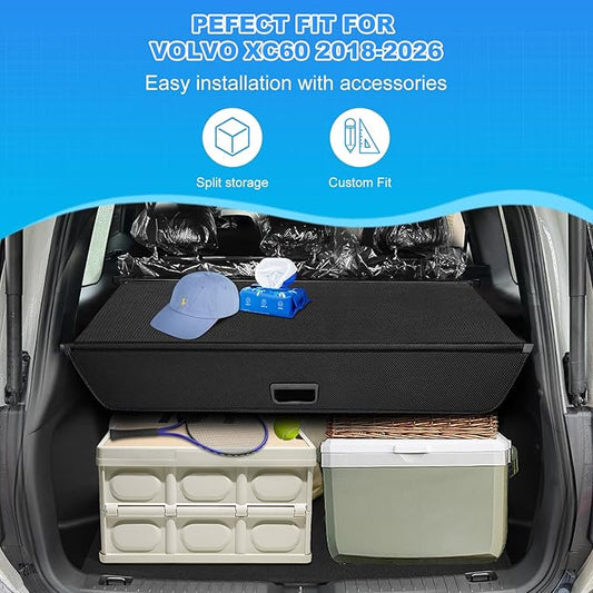 AUXKO Retractable Cargo Cover for Volvo XC60 2026-2018, Trunk Cargo Cover Luggage Security Shade Cover for 2026 2025 2024 Volvo XC60 Shielding Shade Anti-Peeping Luggage Privacy Screen, Carbon Fiber