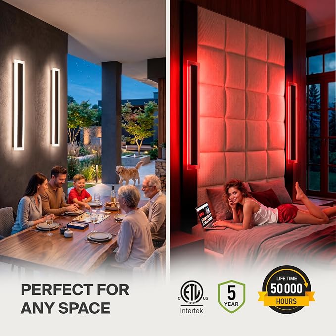 ASD LED 48" Long Wall Mount Light Fixture, Outdoor & Indoor Linear Sconce | RGBW, Smart, Waterproof, Anti-Rust, ETL Listed | 36W 1800LM 2700-6500K 100-277V | Exterior Porch Lighting | Black