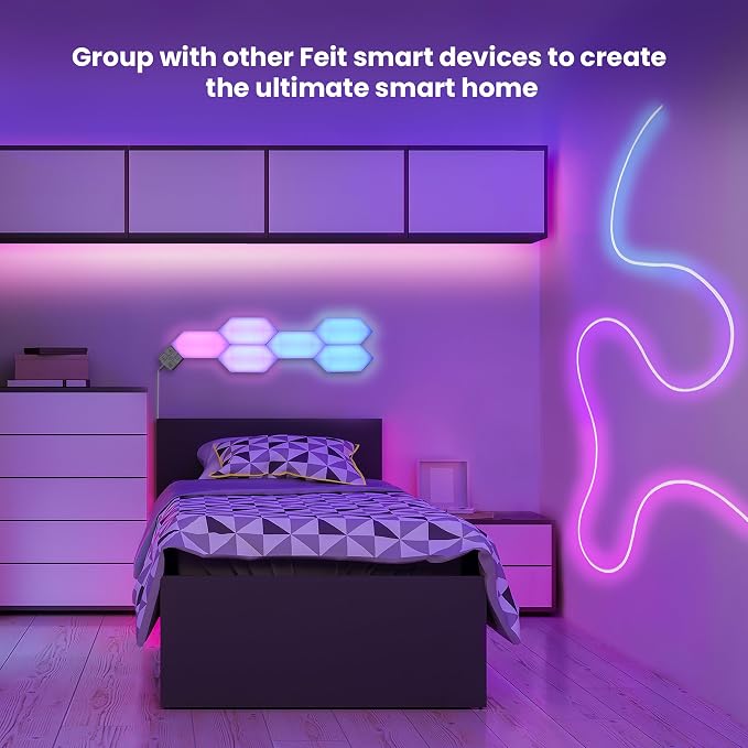 Feit Electric Smart LED Hexagon Tile Lights, 7" Ea, Linkable, RGBW Color Chasing, 2.4GHZ WiFi Enabled, Compatible with Alexa and Google Home Asst, Music Sync, Remote App, 6 Pack - HEX/CHASE/AG/6KIT