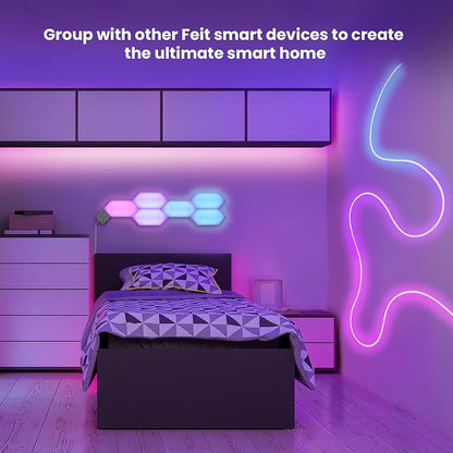 Feit Electric Smart LED Hexagon Tile Lights, 7" Ea, Linkable, RGBW Color Chasing, 2.4GHZ WiFi Enabled, Compatible with Alexa and Google Home Asst, Music Sync, Remote App, 6 Pack - HEX/CHASE/AG/6KIT