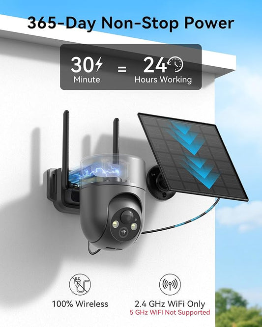 LIWAN Solar Security Cameras Wireless Outdoor, 360° View PTZ Camera for Home Security, 2K HD Color Night Vision, AI Human Detection, IP66 Weatherproof, 2.4GHz WiFi Only