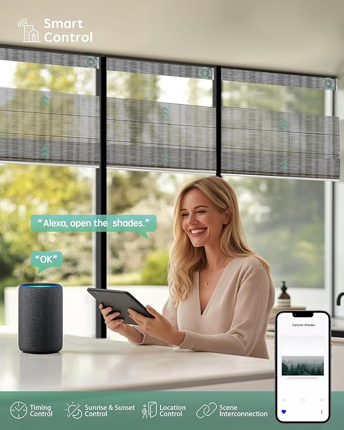 Yoolax Smart Top Down Bottom Up Roman Shades, Motorized Roman Shades with Remote, Light Filtering Smart Blinds Work with Alexa, Google, Apple Homekit for Living Room, Customized (Strip Light Grey)