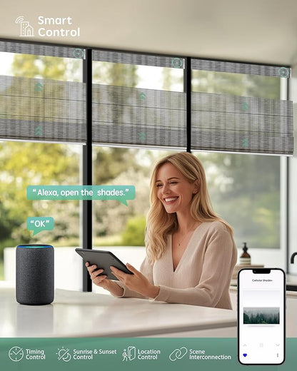 Yoolax Smart Top Down Bottom Up Roman Shades, Motorized Roman Shades with Remote, Light Filtering Smart Blinds Work with Alexa, Google, Apple Homekit for Living Room, Customized (Strip Light Grey)