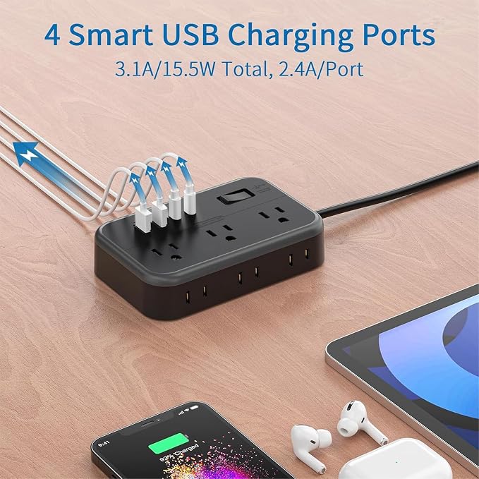 Extension Cord 25 Ft NTONPOWER Long Extension Cord with 6 Widely Spaced Outlet, Power Strip with 4 USB Port(2 USB-C), Wall Mount for Home Office, Dorm Room and Nightstand, Black