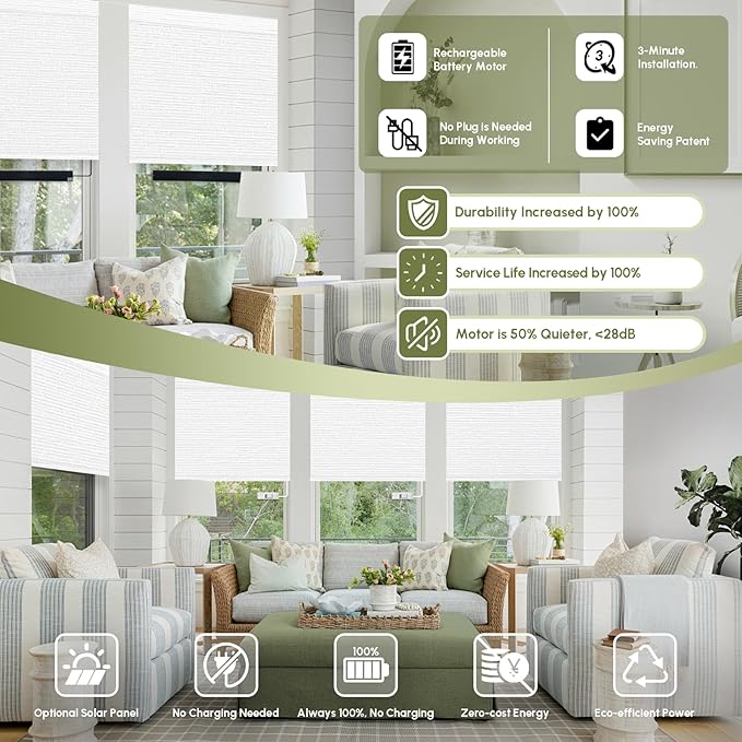 FineTell Motorized Blinds with Remote, 100% Blackout Roller Shades Compatible with Alexa,Apple Homekit,Google Home APP and Voice Control, Customized Electric Blinds (100% Blackout Elegant White)