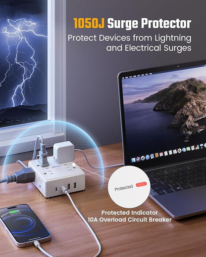 20Ft Long Extension Cord, Flat Plug Power Strip with 8 Outlets & 4 USB Ports (2 USB C), Wall Mountable Surge Protector, Desk Charging Station for Home Office, College Dorm Room Essentials