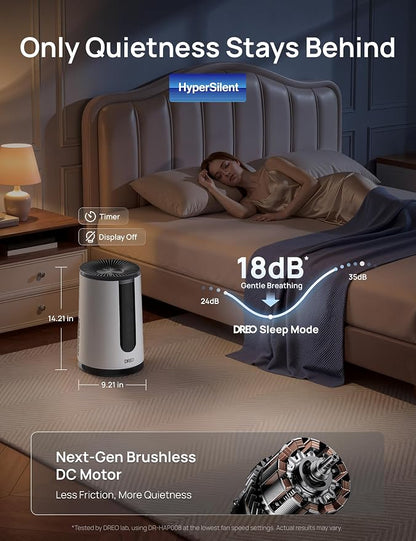 DREO Air Purifier 338 for Home, AHAM Verified HEPA Air Cleaner for Bedrooms Up to 1176 Sq Ft, Smart Cleaner for Pets, Smoke & Odors, PM2.5 Monitor, Aromatherapy, DR-HAP008, Snow White