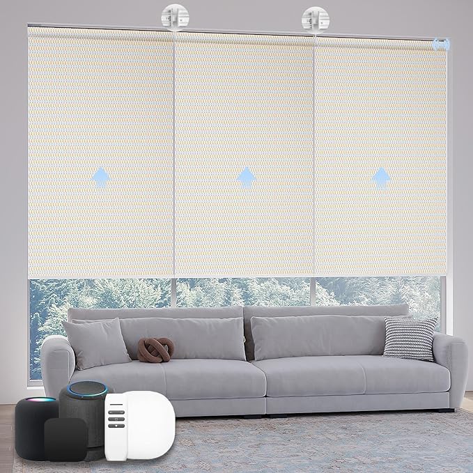 Motorized Coupled Shades, Falme Resistant Smart Solar Shades for Large Windows Automatic Blinds Compatible with Alexa, Electric Roller Blinds Customized for Home Office(1% Openness Beige)