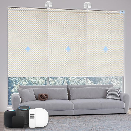 Motorized Coupled Shades, Falme Resistant Smart Solar Shades for Large Windows Automatic Blinds Compatible with Alexa, Electric Roller Blinds Customized for Home Office(1% Openness Beige)