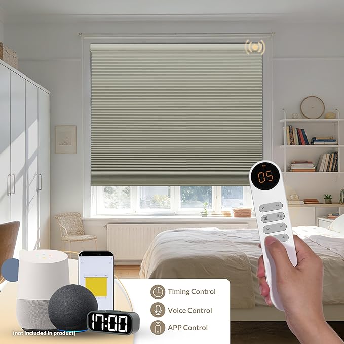 Boolegon No Drill Motorized Cellular Blinds with Remote Motorized Blackout Honeycomb Blinds for Indoor Windows Easy to Install Automatic Cellular Shades for Home,Blackout Beige,Custom Size