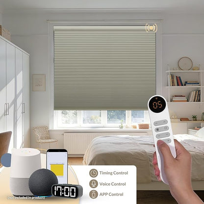 Boolegon No Drill Motorized Cellular Blinds with Remote Motorized Blackout Honeycomb Blinds for Indoor Windows Easy to Install Automatic Cellular Shades for Home,Blackout Beige,Custom Size