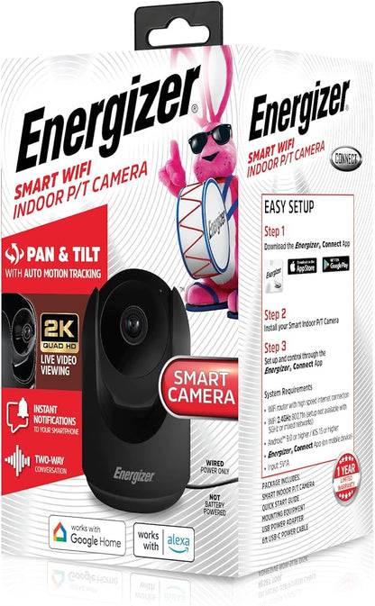 Energizer Smart 2K Indoor Pan & Tilt Wired Camera, Motion Tracking, Two-Way Audio, Night Vision, Instant Notifications, Recording, App, Hub-Free Wi-Fi Connection, Compatible with Alexa & Google Home