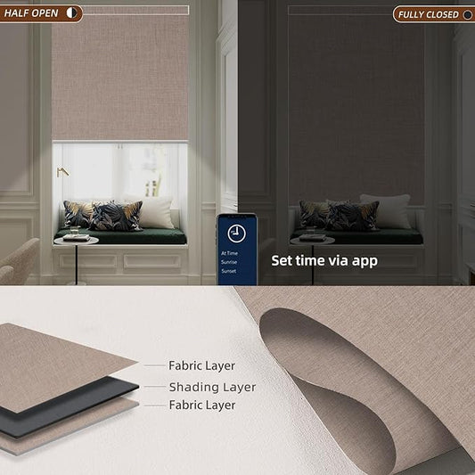 Motorized Blinds Roller Shade with Remote: Canisteo Automatic Smart Blind for Windows 100% Blackout, Electric Blinds Compatible with Alexa/Google Home/Apple Homekit, Customized Size, Neat Light Brown
