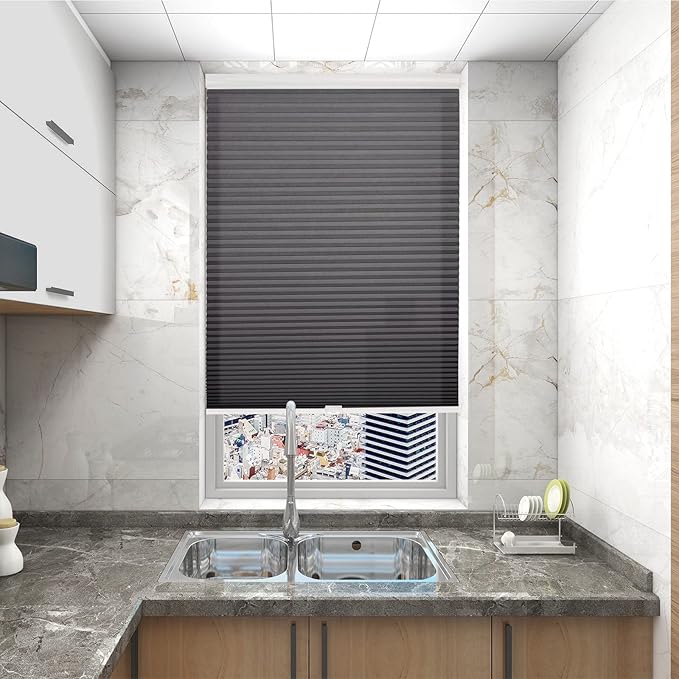 Changshade Custom Cordless Cellular Window Blinds, Light Filtering Pleated Honeycomb Shades, 1.5 inch Single Cell Cellular Shades for Home, Bedroom, Bathroom, French Door, Black, JZCMC-CEL-BK-D