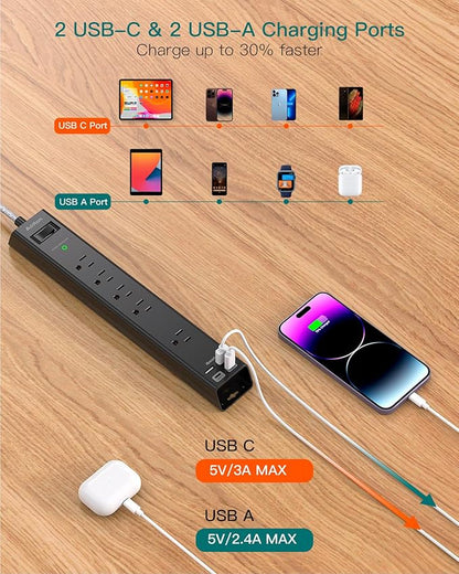 10Ft Surge Protector Power Strip - Extension Cord with Multiple Outlets, 5 Widely Outlets 4 USB Ports, Wall Mount, Flat Plug, Desk Charging Station for Home Office College Dorm Room Essentials