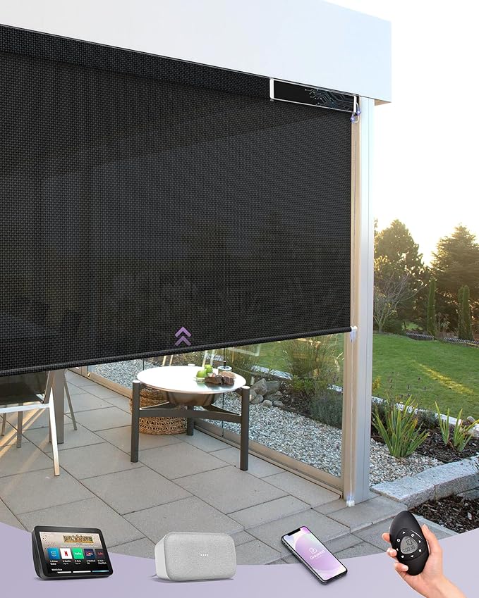 Graywind Motorized Outdoor Roller Shades for Patio Work with Alexa Google Smart Sun Shades Exterior Solar Powered Blinds Electric for Patio Outside, Custom Size (5% Openness Black)