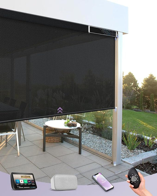 Graywind Motorized Outdoor Roller Shades for Patio Work with Alexa Google Smart Sun Shades Exterior Solar Powered Blinds Electric for Patio Outside, Custom Size (5% Openness Black)