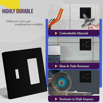 ENERLITES Combination Toggle Light Switch/Decorator Light Switch Plate, Double Switch Wall Plate, Standard Size 2-Gang 4.68" x 4.73", Polycarbonate Thermoplastic, Gloss Finish, SI881131-BK, Black
