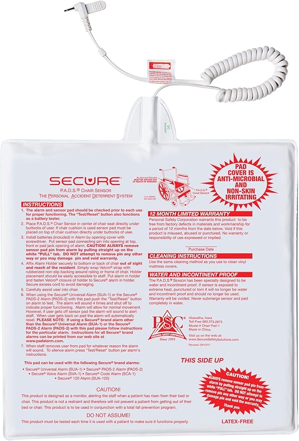 Secure Safety Solutions Chair and Bed Alarm for Elderly Fall Prevention - 80 dB Monitor, 12x12 and 12x30 Sensor Pads - Caregiver Alert System for Seniors, Dementia Patient Monitoring, Home Care Safety