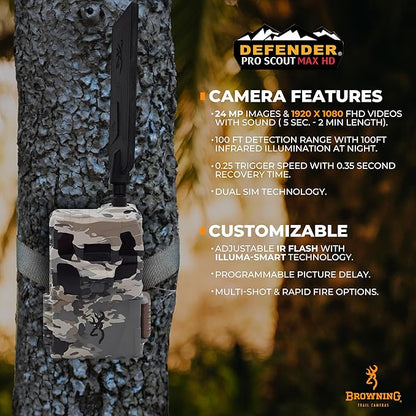 Browning Defender Pro Scout Max HD 24MP Dual SIM Cellular Trail Camera - Ultra High Gain Antenna, Smart Infrared Video, 100' Detection Range & Smartphone App Compatibility (OVIX Camo)