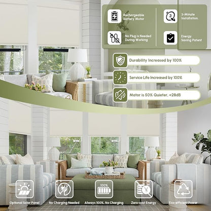 FineTell Motorized Blinds with Remote, 100% Blackout Roller Shades Compatible with Alexa,Apple Homekit,Google Home APP and Voice Control, Customized Electric Blinds (100% Blackout Pure Cream)