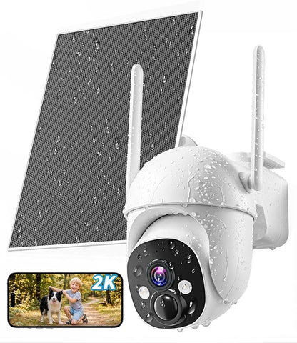 2K Solar Security Cameras Wireless Outdoor, 360° View Outdoor Camera for Home Security with Color Night Vision, Battery Powered, AI PIR Detection, Spotlight Siren Alarm, Only 2.4Ghz WiFi