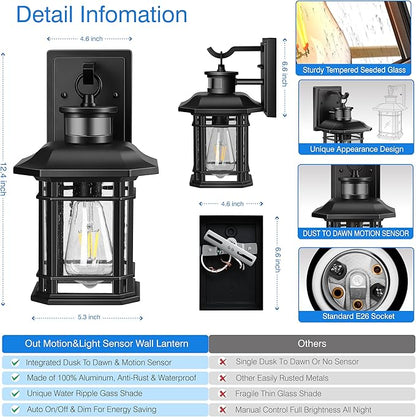 VIANIS 2 Packs Motion Sensor Outdoor Lights, Dusk to Dawn Outside Lights for House, Black Outdoor Light Fixture Sconce for House, Doorway, Entryway, Waterproof, Anti-Rust