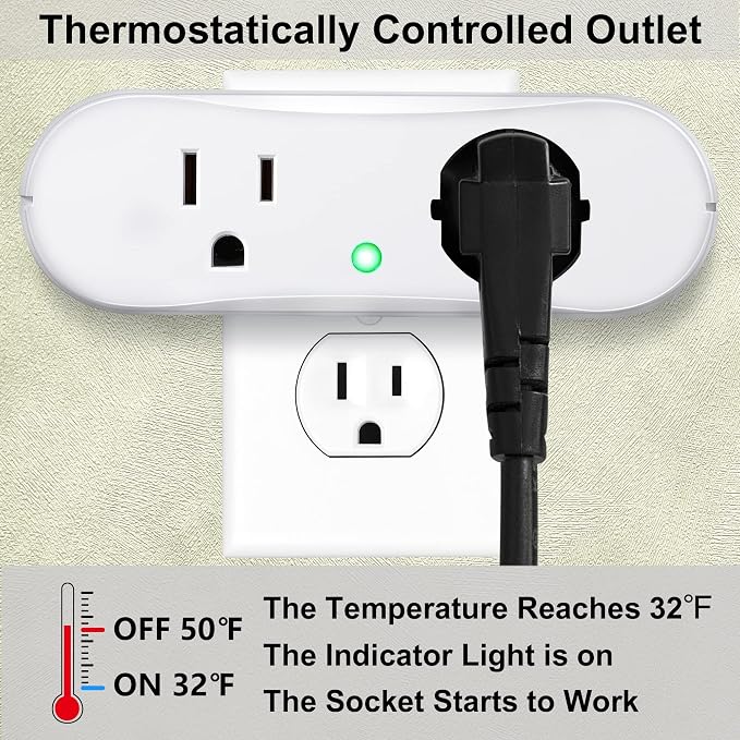 Thermostatically Controlled Outlet: (3 PCS) Automatically Turn on Below 32℉, Turn Off Above 47℉ Unnecessary to Control Power Manually in Cold Winter Cube