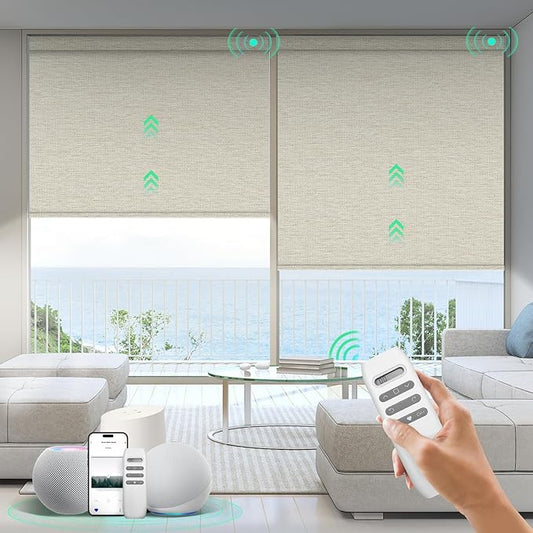 HeyBlinds Motorized Blinds with Remote, 100% Blackout Smart Blinds, Automatic Shades for Windows Compatible with Alexa Google and Homekit, Custom Size(Sunbeam-Light Camel Bo)