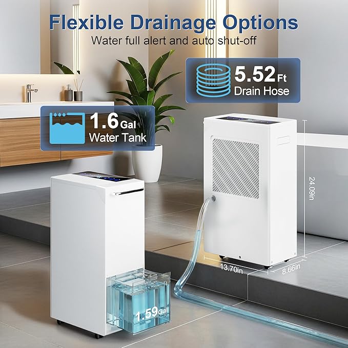 5500 Sq.Ft Dehumidifier for Basement with Drain Hose 100 Pint, Portable Dehumidifiers for Whole Home, 1.6GAL Water Tank, Auto Defrost, Smart Humidity Control, Energy Efficient&Quiet for Bathroom