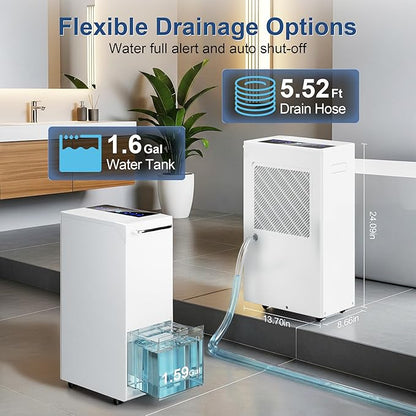 5500 Sq.Ft Dehumidifier for Basement with Drain Hose 100 Pint, Portable Dehumidifiers for Whole Home, 1.6GAL Water Tank, Auto Defrost, Smart Humidity Control, Energy Efficient&Quiet for Bathroom