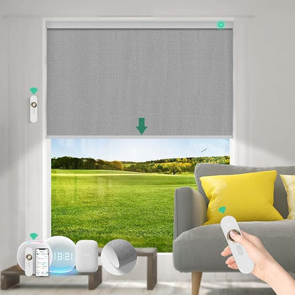 Motorized Blinds with Remote [100% Blackout & Silent Motor] Smart Blinds Compatible with Alexa Google HomeKit, Electric Roller Shades for Indoor Windows, Customized Size, Crossweave Gray