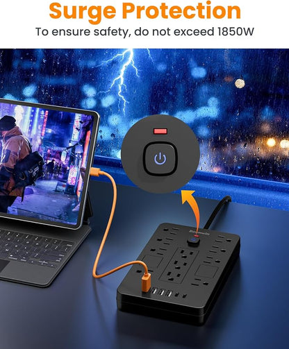 Surge Protector Power Strip - 11 Outlets(1850W/15A/14AWG) with 6 USB Ports(2 USB C), 6FT Flat Plug Extension Cord, Wall Mount, Black, ETL Listed for Home, Dorm Room