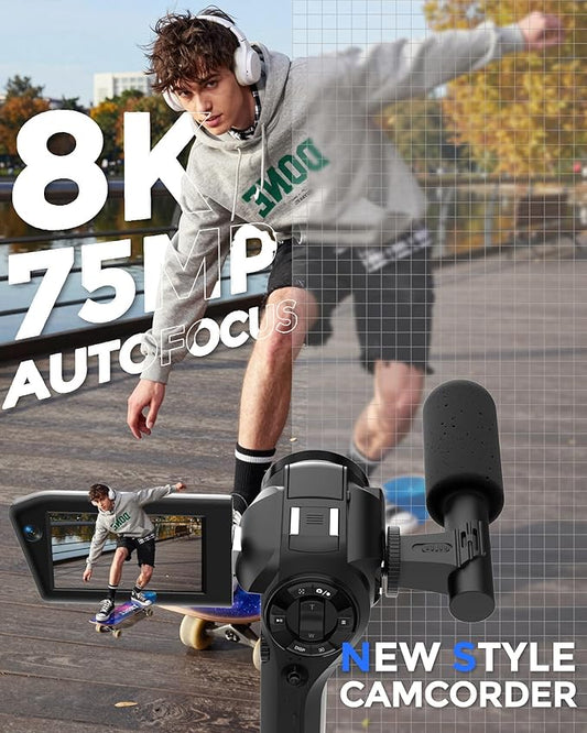 8K Video Camera 75MP Camcorder with WiFi Dual Lens Vlogging Camera for YouTube Rotation Screen Video Recorder with Microphone, Fill Light, Remote Control, mini Tripod, 2 Batteries, Charger