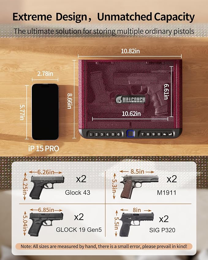 BILLCONCH Smart Gun Safe for Handgun with Fingerprint, App & Security Cable | Biometric Gun Safe 4 Ways Quick Access Built-in LED Light, Ideal Handgun Safe for Nightstand and Home - Burgundy Red