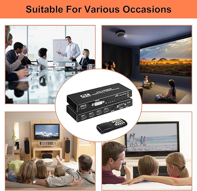 4K Seamless Splicing TV Wall Processor - HDMI & DVI Input, 1080P HD Image Processor with RS232, Support 180Rotate, 1x2, 1x3, 1x4, 2x2, 2x1, 3x1, 4x1 Mode