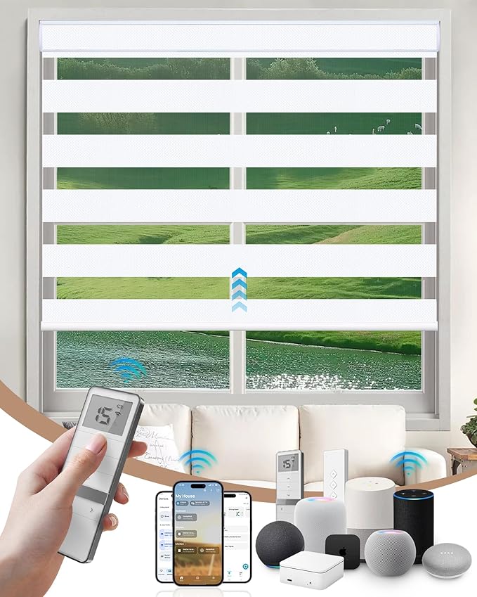 Kincmo Motorized Blinds with Remote, Motorized Zebra Shades Work with Apple Homekit,Alexa,Google Home, Customized Electric Blinds with Remote,App,Voice Control (95% Blackout Gabriel White)