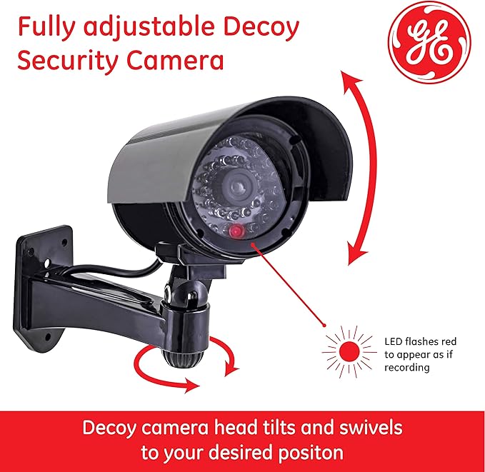 GE Power Gear GE Decoy Security Bullet Camera with Flashing Red Light, Blinking LED, Fake Surveillance, Realistic Looking Recording Lens, Indoor/Outdoor Use, Wireless, Black, 40661