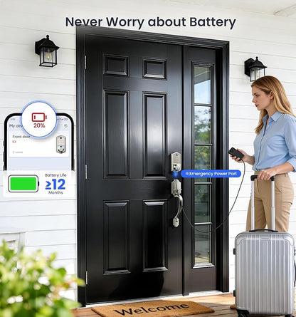 Veise VE017-H Fingerprint Smart Front Door Lock Set, App Control, 8-in-1 Keyless Entry Deadbolt with Zinc Alloy Handles, Emergency Power Port, Touchscreen Keypad, Auto Lock, Easy Install, Satin Nickel