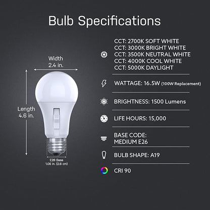 Feit Electric LED Motion Sensor Light Bulb, A21 100W Equivalent, 5CCT, Non-Dimmable, E26 Medium Base, 90 CRI, 1500 Lumens, Adjustable White, 15 Years Lifetime, OM100/5CCTCA/MM/LEDI