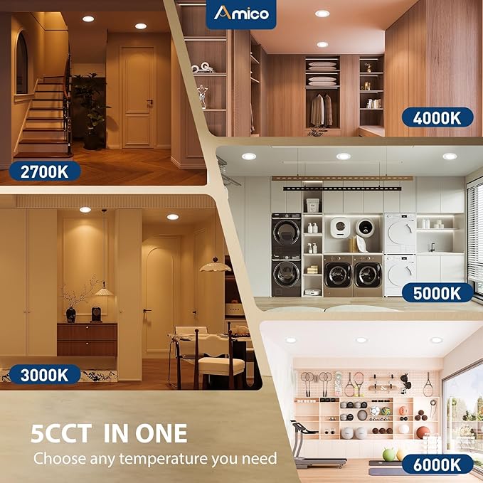 Amico 1 Pack 5/6 inch Motion Sensor Recessed Light, 12.5W=100W, 950LM, 2700K/3000K/4000K/5000K/6000K Selectable, LED Retrofit Can Lights, IC Rated - ETL & FCC, White