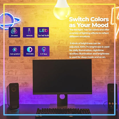 Droiee Dimmable E26 Warm LED Light Bulb, 6W RGBW Color 500LM with 16 Color Changing Modes for Christmas, Party etc with Remote Control 2 Pack, White, Dr-2024