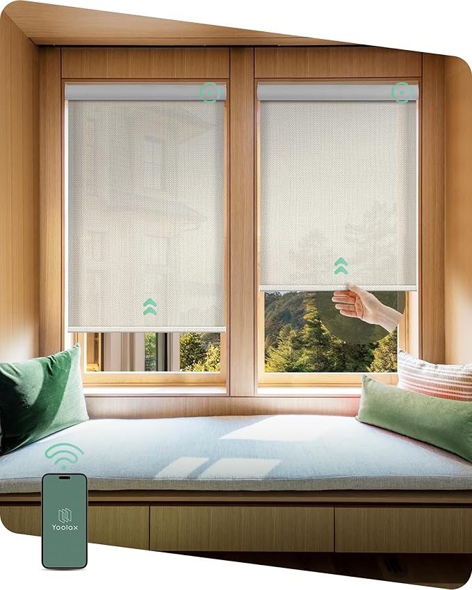 Yoolax Motorized Shades Dual Control, MotionFlex Motorized Solar Shades with App & Manual Control, Fireproof Waterproof Automatic Blinds for Indoor Windows, Custom Size (3% Openness Beige)