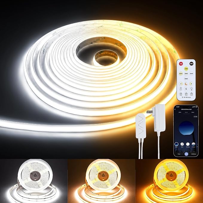 COB LED Strip Light 16.4ft, Dimmable 2300K-6500K White CCT Tunable, DC 24V Cuttable LED Tape Light, High Density 3040 LED 36W CRI 90, APP Remote Control, Music Mode, For Home DIY, Living Room, Bedroom