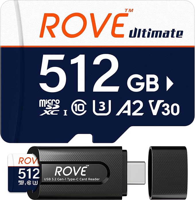 ROVE Ultimate Micro SD Card microSDXC 512GB Memory Card with USB 3.2 Type C Card Reader 170MB/s C10, U3, V30, 4K, A2 for Dash Cam, Android Smart Phones, Tablets, Games