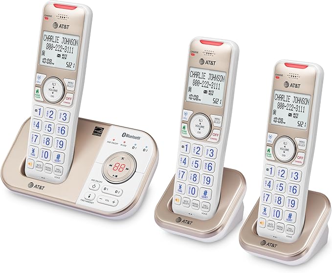 AT&T BL3112-3 3-Handset DECT 6.0 Cordless Phone for Home with Bluetooth Connect to Cell, Smart Call Blocker, Answering Machine, Caller ID, Expandable up to 5 Handsets, Champagne Gold/White